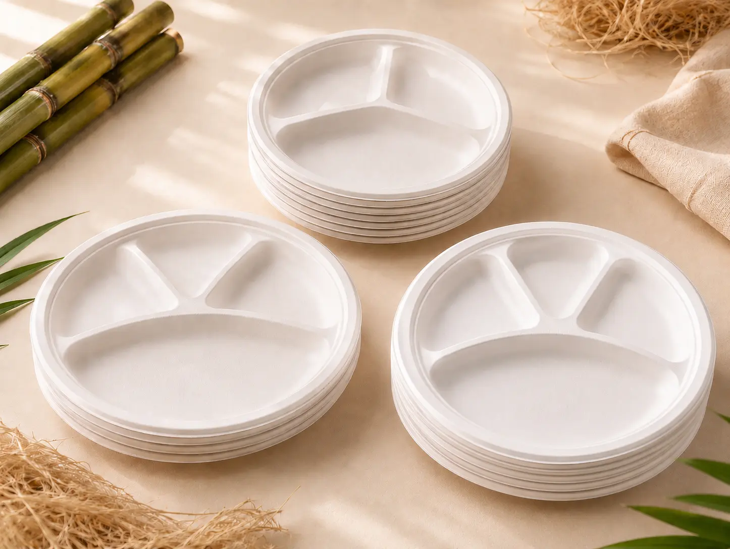 Bagasse Compartment Plates — Export quality bagasse tableware, OEM & private-label options