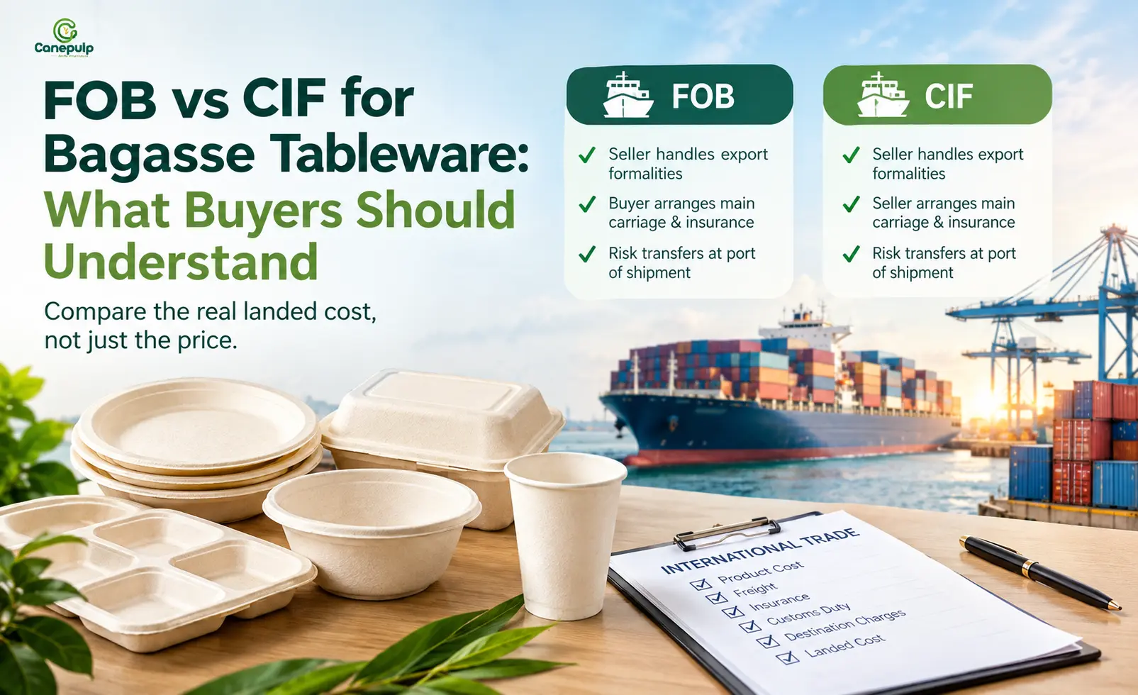 FOB vs CIF comparison for bagasse tableware imports