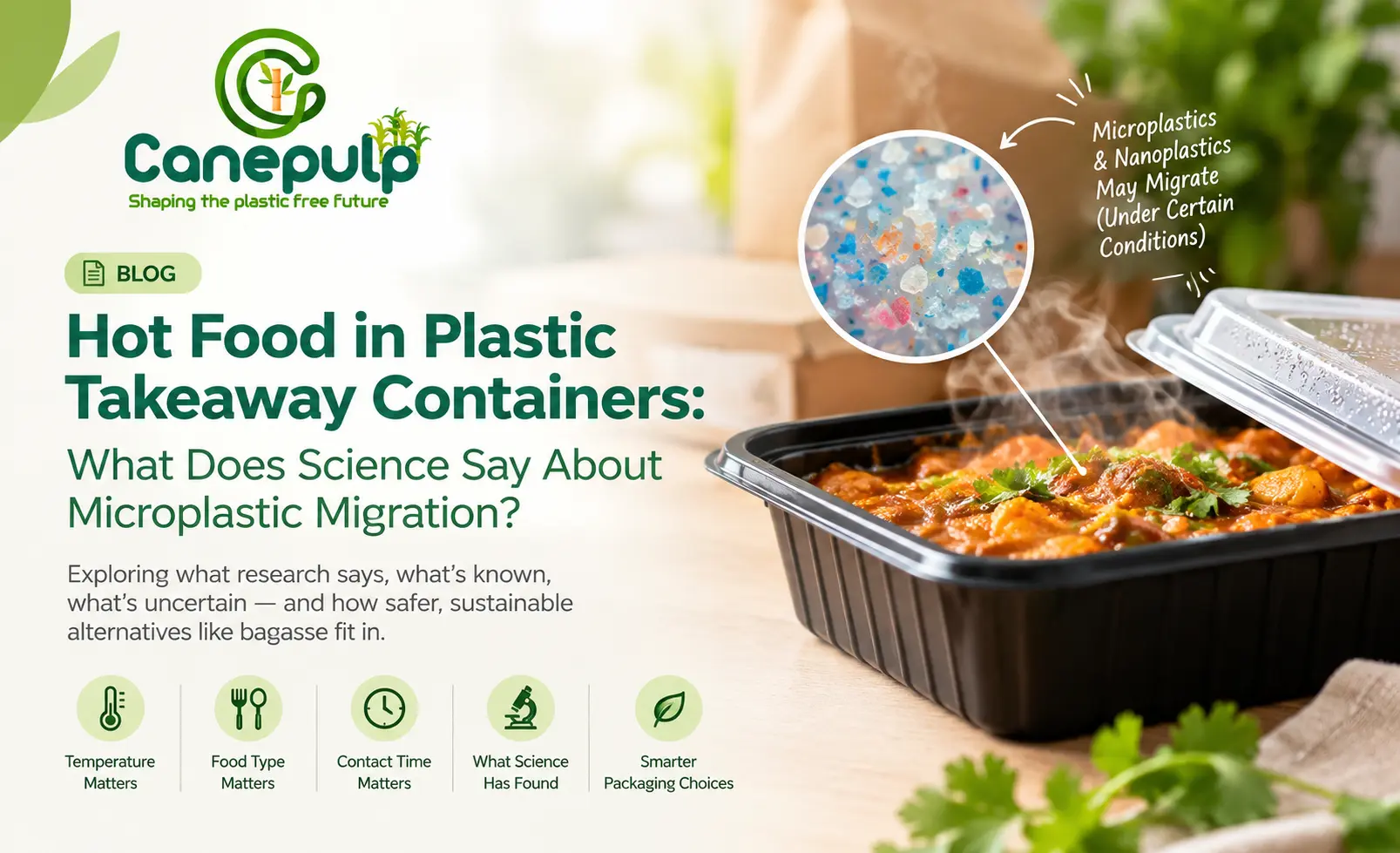 Microplastics in plastic food containers and hot food packaging awareness graphic