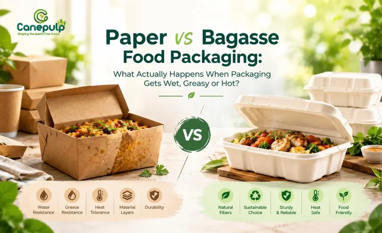 Paper and bagasse food packaging compared side by side.