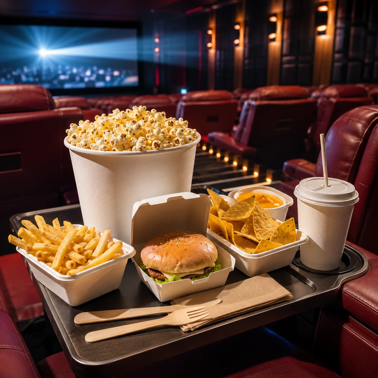 Compostable cinema concession tray packaging