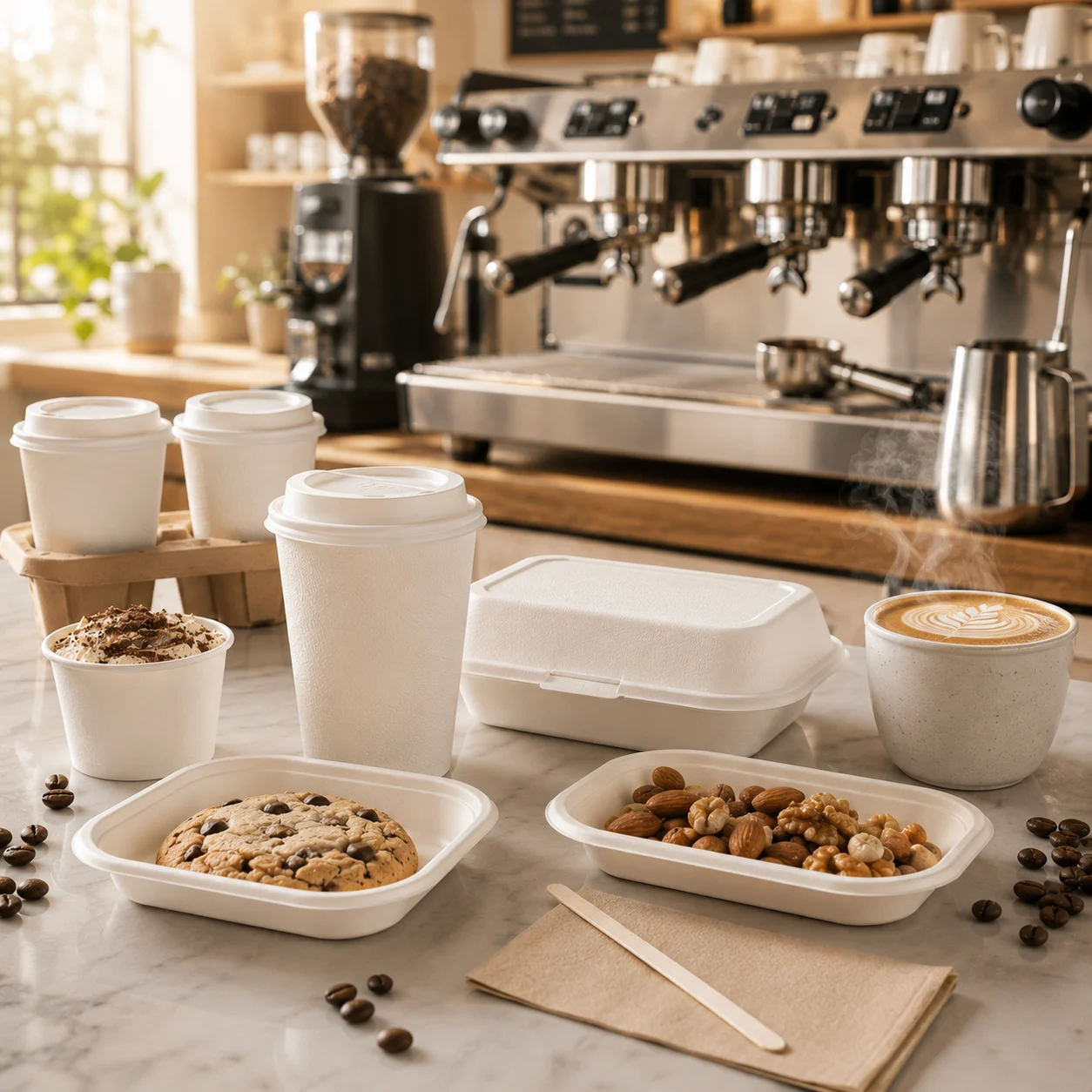 Sugarcane fiber coffee shop packaging