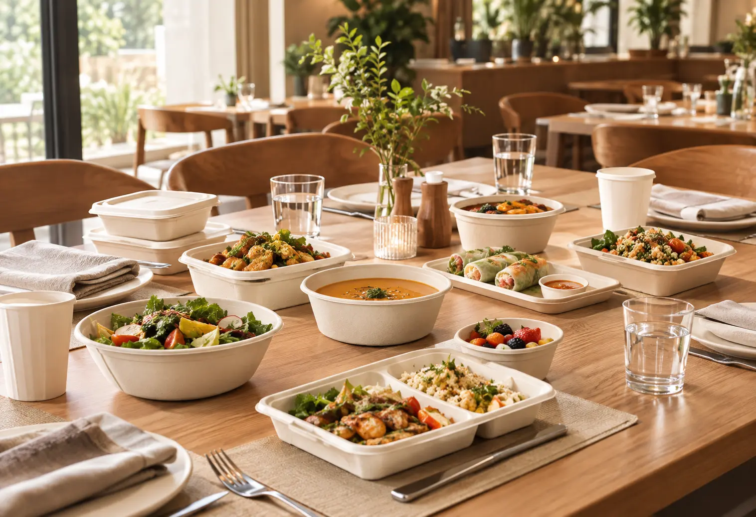 Bagasse tableware arranged for restaurant dining and takeaway service